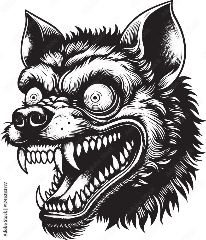 Obraz premium Terrifying wolf portrait with exposed teeth evokes fear, perfect for horror themes, edgy designs, and intense storytelling, a symbol of wild aggression.