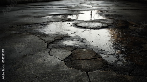 Wallpaper Mural Urban puddle with light reflections on cracked concrete. AI image Torontodigital.ca