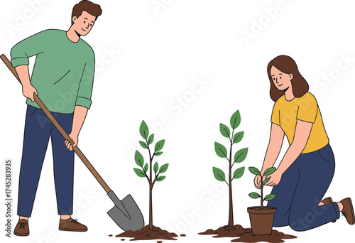 Tree planting teamwork, man and woman gardening, shovel and pot, nature care, environmental activity, cartoon style, cad drawing flat vector illustration
