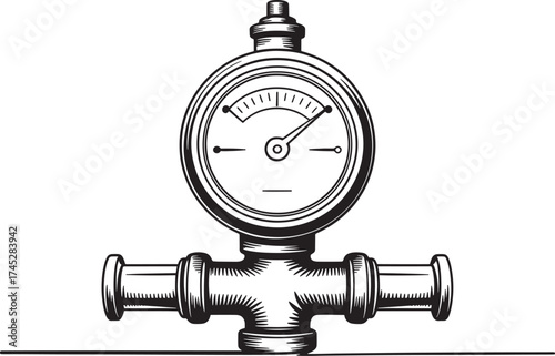Vintage style illustration of a pressure gauge on pipes Keywords: pressure gauge, manometer, meter