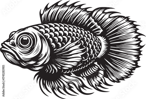 Elegant black and white illustration of a betta fish with flowing fins and scales, perfect for tattoo design or sophisticated branding projects