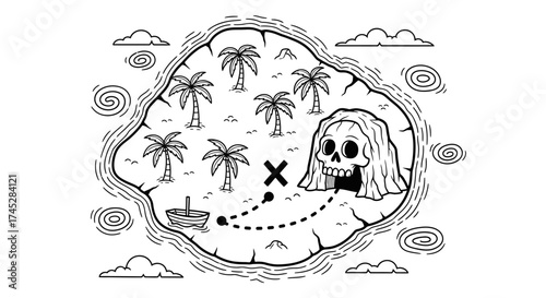 Detailed Treasure Map of Tropical Island with Skull and 'X' Mark, Isolated White Background, Line Art.