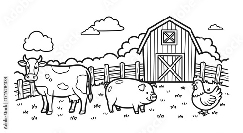 Happy Farm Animals with Barn and Fence in Rural Scene, Isolated White Background, Line Art.