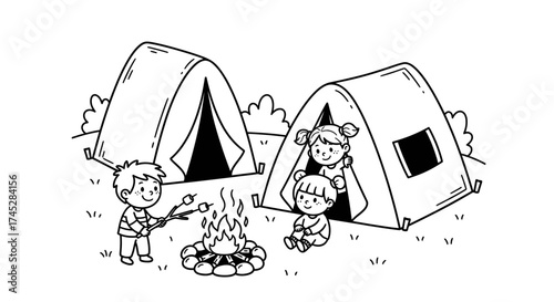 Happy Children Camping Outdoors and Roasting Marshmallows by a Campfire, Cozy Adventure