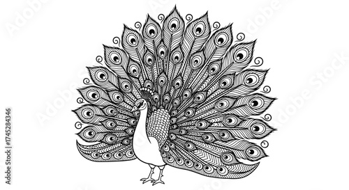 Majestic Peacock Displaying its Beautiful Feathers, Elegant Bird, Black and White Coloring Page, Isolated White Background