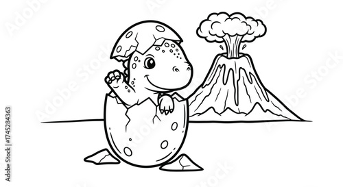 Cute Baby Dinosaur Hatching from Egg Near Erupting Volcano, Prehistoric Landscape, Black and White Coloring Page, Isolated White Background