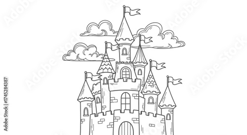 Enchanting Fairy Tale Castle with Towers and Flags Under Clouds, Medieval Fantasy Architecture, Black and White Coloring Page, Isolated White Background