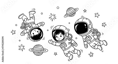 Two Happy Astronauts Floating in Outer Space with Stars and Planets, Cosmic Adventure, Black and White Coloring Page, Isolated White Background