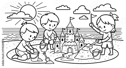 Joyful Children Playing and Building Sandcastles on the Beach Under the Bright Sun, Happy and Summery.