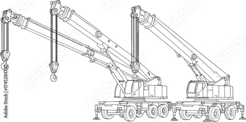Mobile crane illustration, construction vehicle, boom arm, stabilizer, lifting equipment, engineering machinery, black and white, vector drawing, technical design, industrial transport, 