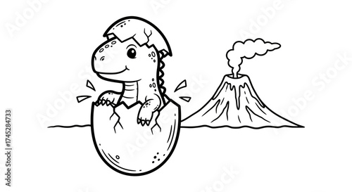 Cute Baby Dinosaur Hatching from an Egg with a Volcano in a Prehistoric Landscape, Isolated White Background