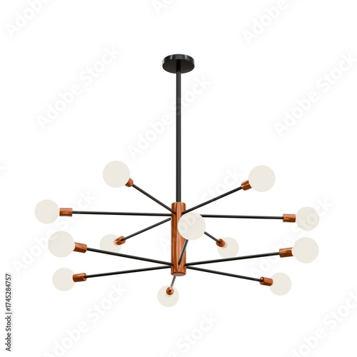 Modern Chandelier Ceiling Light. Fixture Sputnik. Gold and Black, for Dining Room, Living Room, Kitchen. Isolated on a Transparent Background. Perfect for home decor, lighting design, and architecture