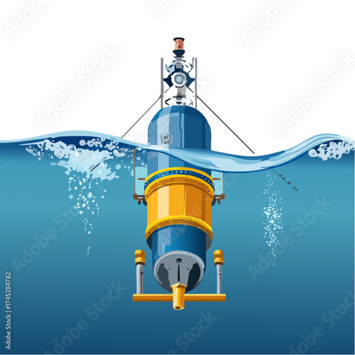 Underwater research submersible partially submerged in blue water