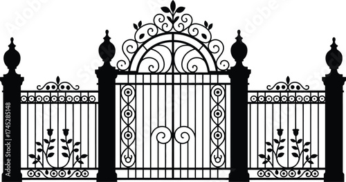 Elegant Ornamental Iron Gate Silhouette Vector Illustration Isolated on White