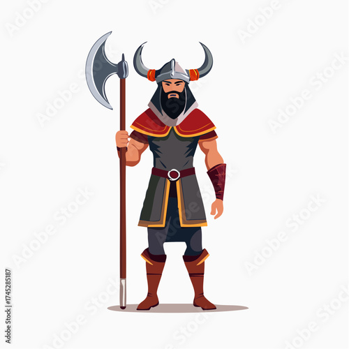Viking warrior holding axe with horned helmet