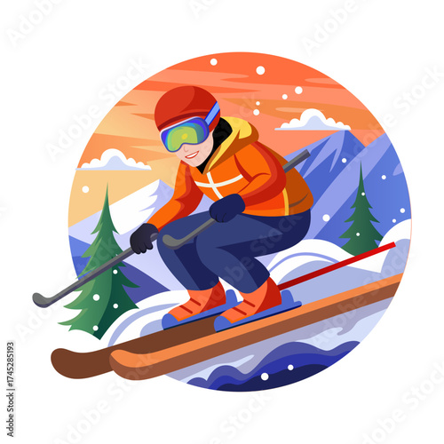 A flat style illustration showing a kid skiing 
