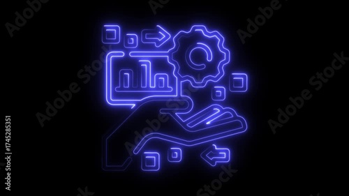 Blue Neon Outline Of Hand Holding Bar Chart And Gear On Black Background business finance