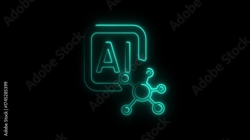 Cyan Neon AI and Molecular Network Icon on Black Background Keywords: artificial intelligence, AI, machine learning, deep