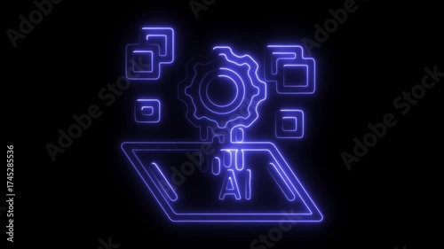Neon Blue AI and Data Processing Icons on Black Background Keywords: artificial intelligence, AI, data processing, digital