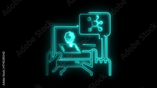 Cyan Neon Hands Interacting with AI and Data Icons on Black Background Keywords: artificial intelligence, AI, data analysis