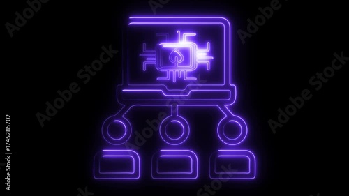 Purple Neon Laptop and Network Icons on Black Background Keywords: technology, network, connectivity, data, computer, laptop