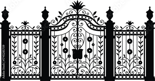 Intricate Wrought Iron Gate Design with Floral and Ornamental Details