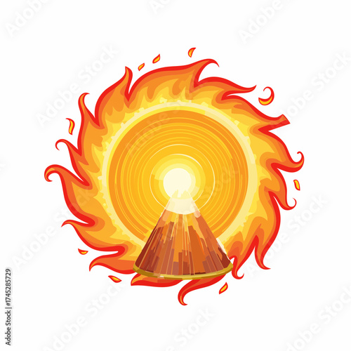 Volcano erupting in a fiery sun