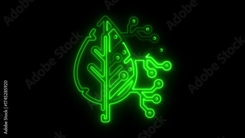 Green Neon Outline Of Leaf With Integrated Circuitry On Black Background nature technology