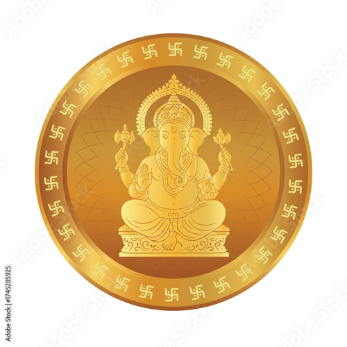 Dhanteras Lakshmi Pujan Golden Vector Illustration of Lord Ganesha with Swastika Border, Symbolizing Wisdom, Success, and Good Fortune