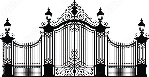 Intricate wrought iron gate with lamps and decorative elements vector
