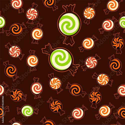 Trick or Treat, hand-drawn lollipops with patterns. Halloween candy in a package. Stickers and icons for wrapping paper, backgrounds, covers, and posters.