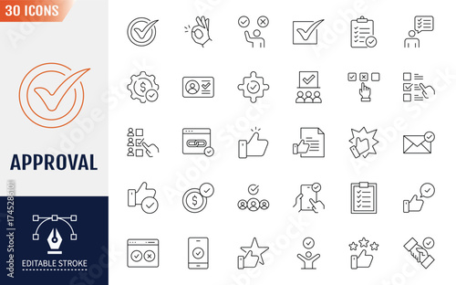 Approval line Editable Icons set. Containing icons. agreement, checkmark, OK sign, and more. Vector illustration