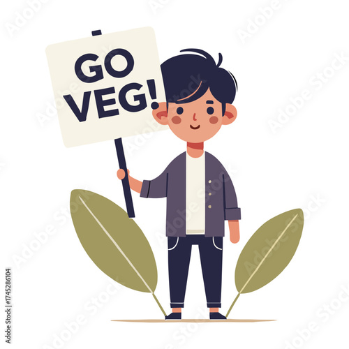 Flat Illustration of Person Holding a Go Veg Sign
