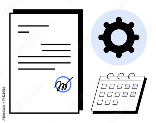 Signed document, gear icon, and calendar layout highlighting task management and organization. Ideal for business process, planning, scheduling, workflow, official contracts, productivity teamwork