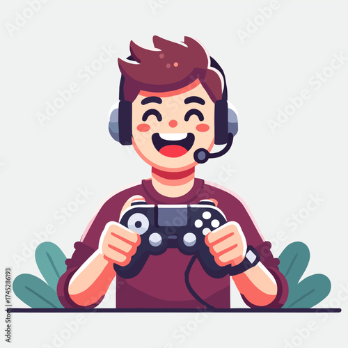 Flat Illustration of Smiling Boy with Headset Holding Game Controller on White Background