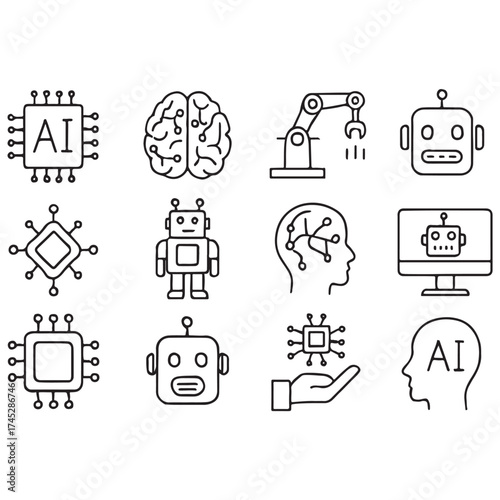 Artificial Intelligence web icons in line style. Innovation technology, machine, robot, bot, brain vector