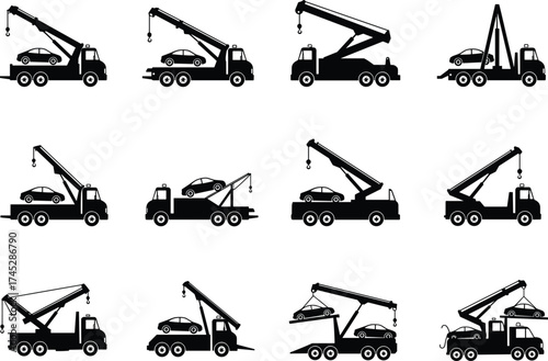 Tow truck silhouette set, vehicle recovery, car lift, roadside assistance, transport service, black and white, vector illustration, emergency towing, automotive support, minimal style