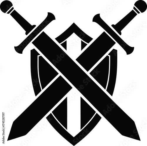 sword crossed with shield silhouette icon on transparent background