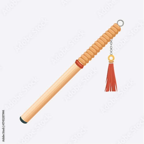 Wooden staff with tassel and metal ring