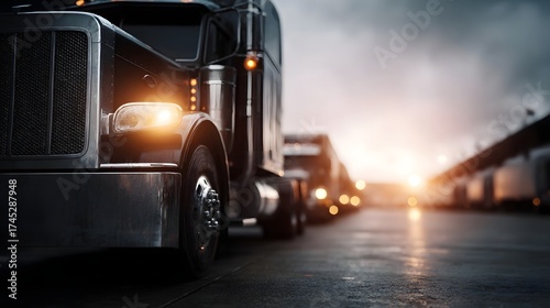 A line of powerful semi trucks parked in an industrial depot at dawn with dramatic lighting and reflections on the wet asphalt