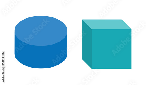 Illustration of a blue cylinder and a blue cube isolated on white background for educational purposes