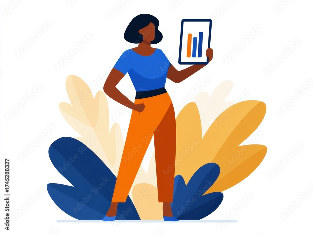 Obraz premium confident woman holds a tablet displaying a graph, surrounded by colorful foliage, symbolizing growth and data analysis.