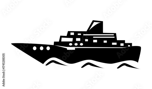 Silhouette of a cruise ship sailing on the ocean isolated on white background, a symbol of travel and adventure
