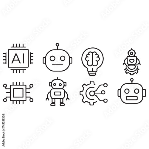 Artificial Intelligence web icons in line style. Innovation technology, machine, robot, bot, brain vector