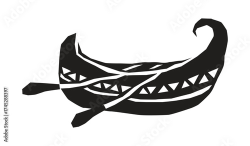 Black and white illustration of a viking boat with oars isolated on white background, a simple design