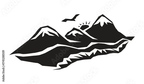 Mountain landscape with bird and sun isolated on white background, evoking nature, adventure, and serenity