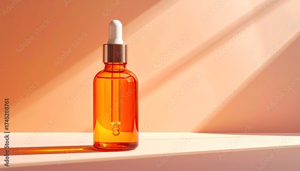 Naklejka premium Amber Glass Bottle with Dropper Dispensing Serum on a Peach Surface with Sunlight and Shadow Pattern