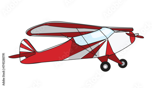 A red and white biplane with a propeller is flying in this cartoon illustration isolated on white background