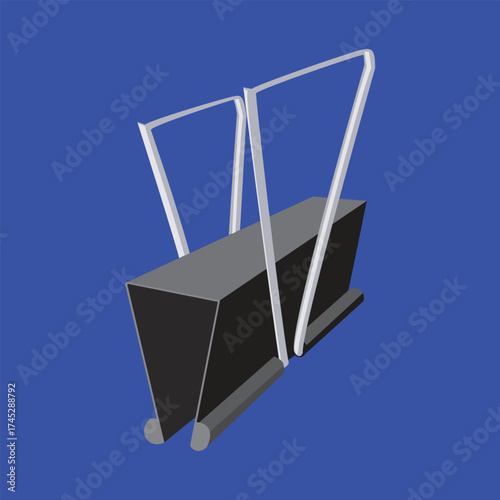 Illustration of a black binder clip with silver handles on a blue background, perfect for office supplies
