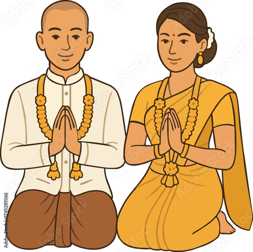 Traditional South Indian Couple in Namaste Pose Vector 